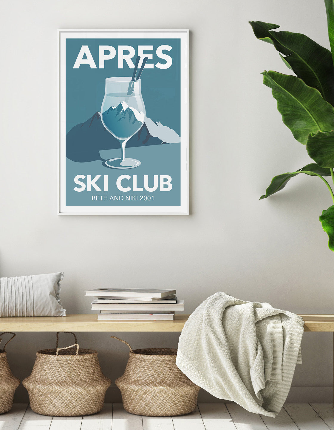 A personalized ski poster featuring a Ski Club headline, perfect for apres ski enthusiasts, displayed in a stylish gallery wall setting.