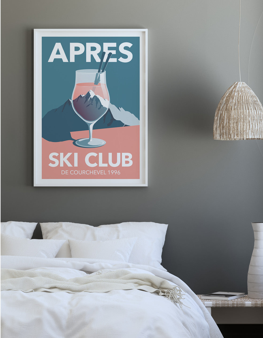 A personalized ski poster featuring a Ski Club headline, perfect for apres ski enthusiasts, displayed in a stylish gallery wall setting.