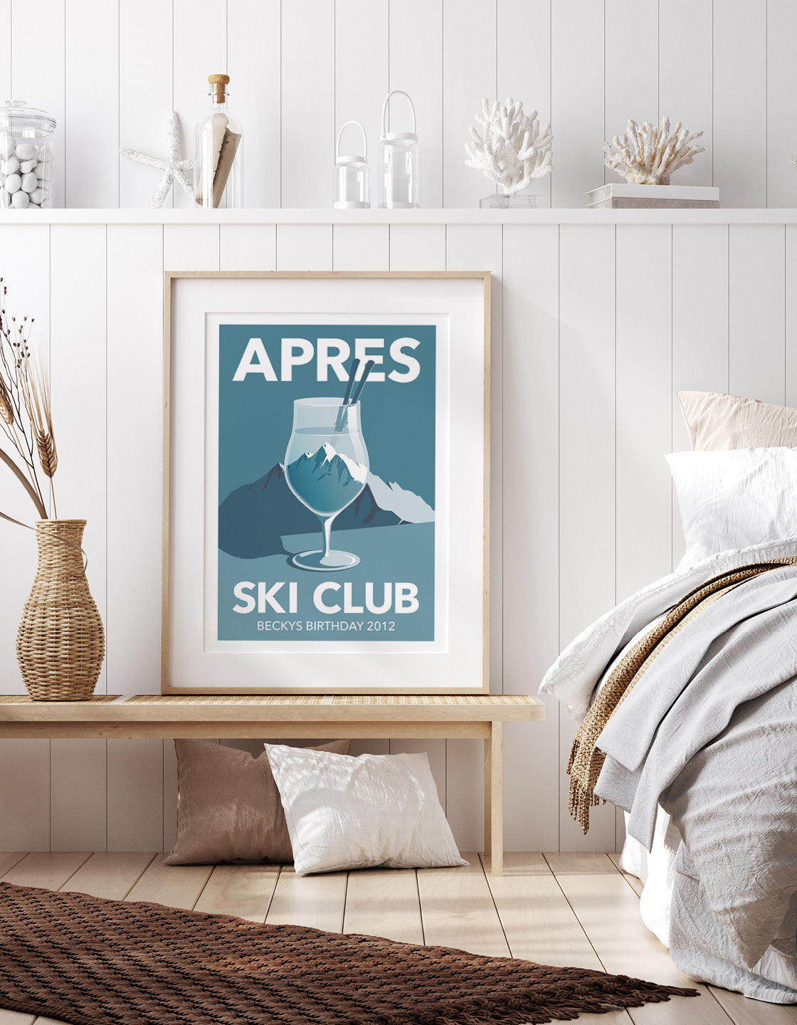 A personalized ski poster featuring a Ski Club headline, perfect for apres ski enthusiasts, displayed in a stylish gallery wall setting.