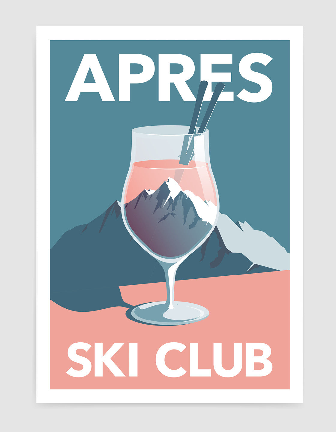 A personalized ski poster featuring a Ski Club headline, perfect for apres ski enthusiasts, displayed in a stylish gallery wall setting.