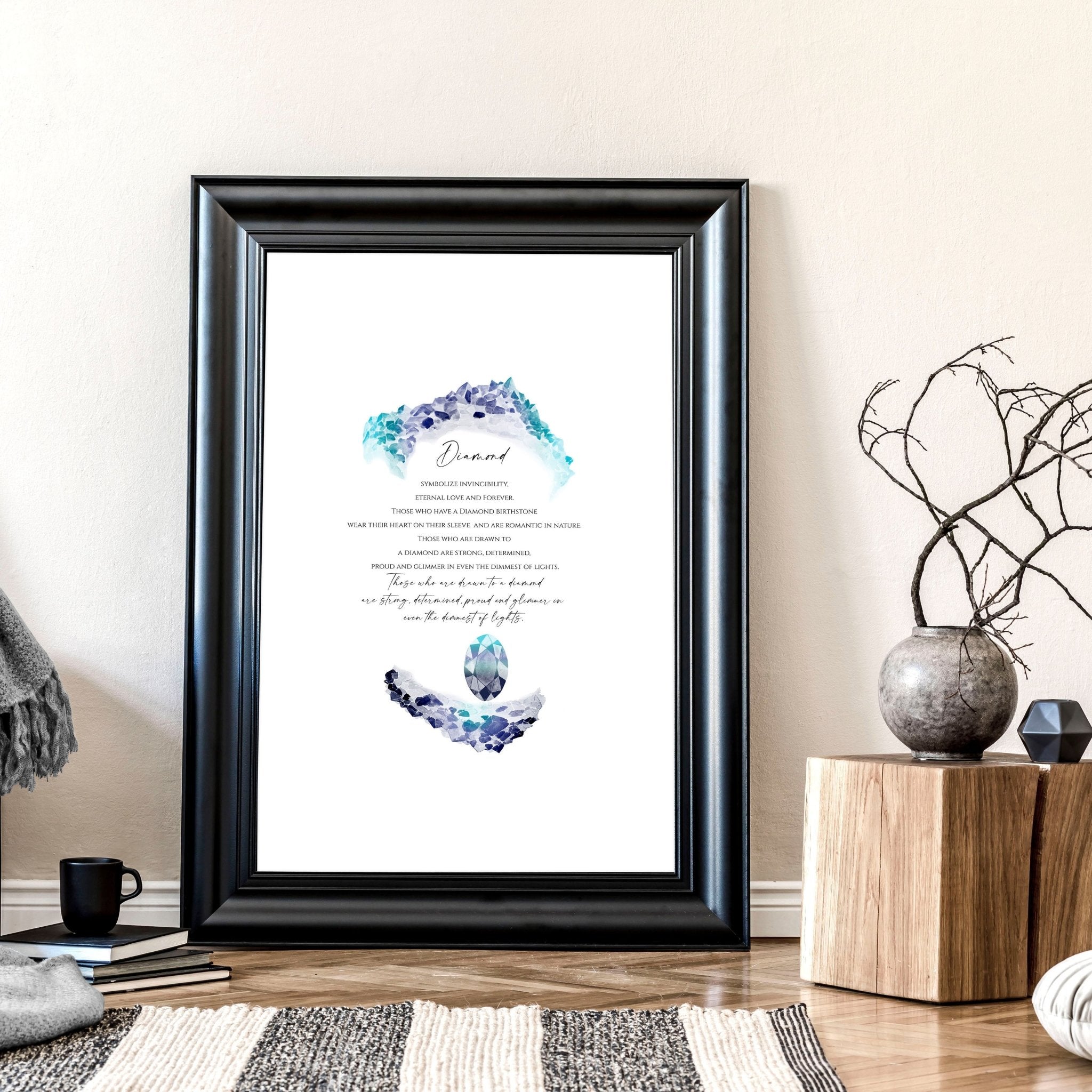 April Diamond Birthstone wall art print showcasing shimmering facets and vibrant colors on premium photo paper.