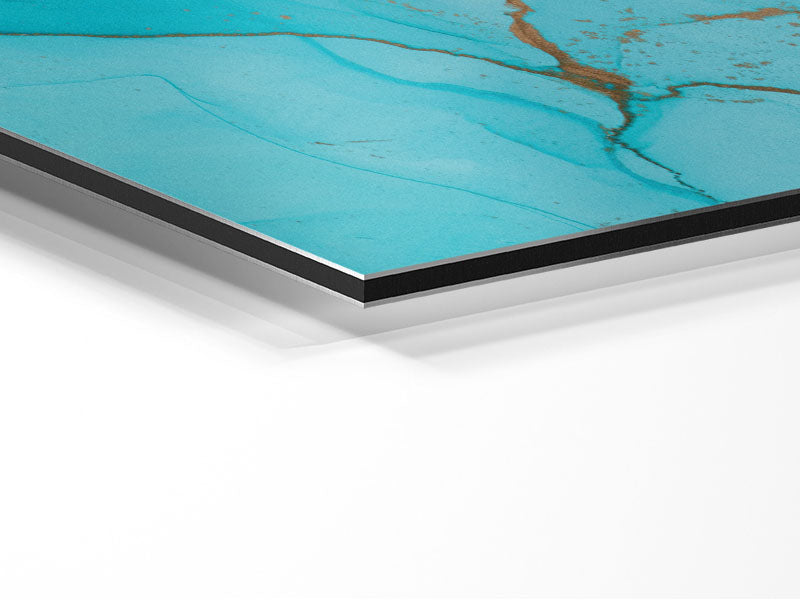 Aqua Fusion Glitter artwork printed on brushed aluminum dibond, showcasing vibrant colors and a modern design.