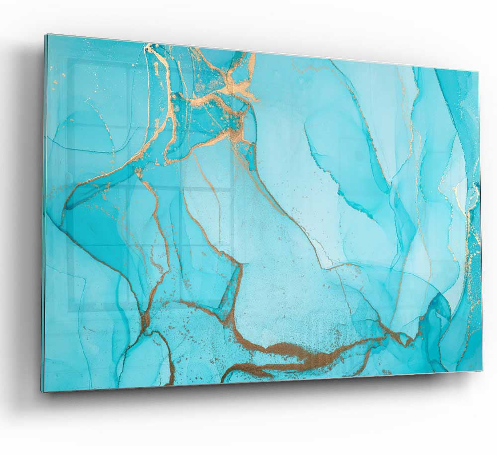 Aqua Fusion Glitter glass print featuring vibrant aqua colors and a unique glitter finish, perfect for modern home decor.