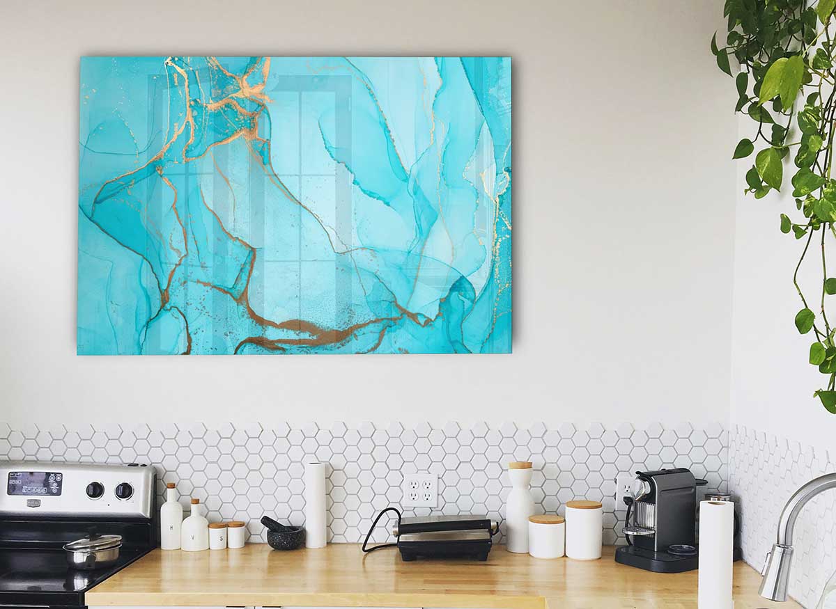 Aqua Fusion Glitter glass print featuring vibrant aqua colors and a unique glitter finish, perfect for modern home decor.