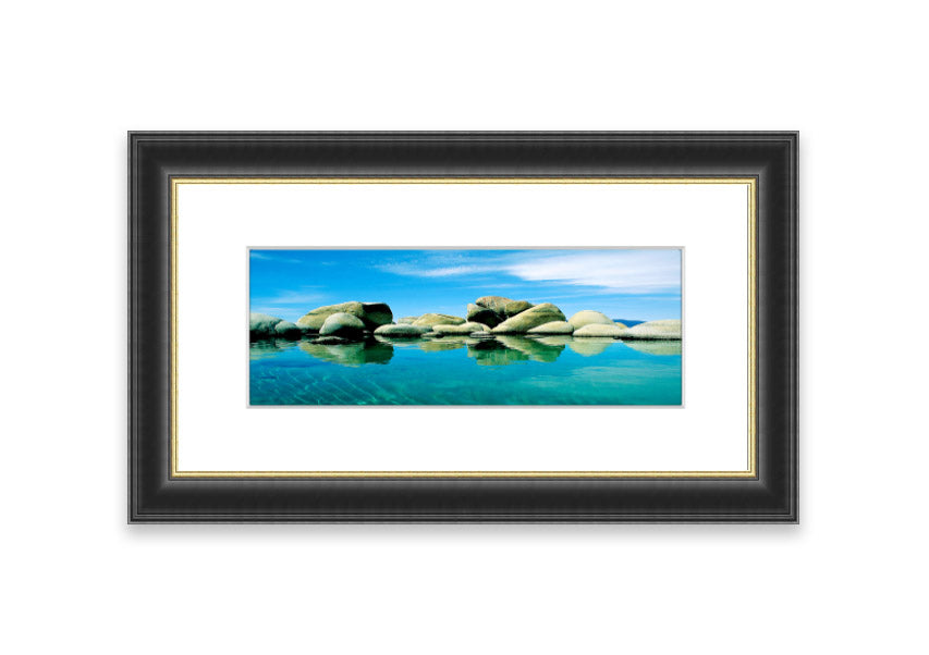 Aqua Rock Pool framed print showcasing vibrant coastal scenery from Cornwall, available in various frame colors.