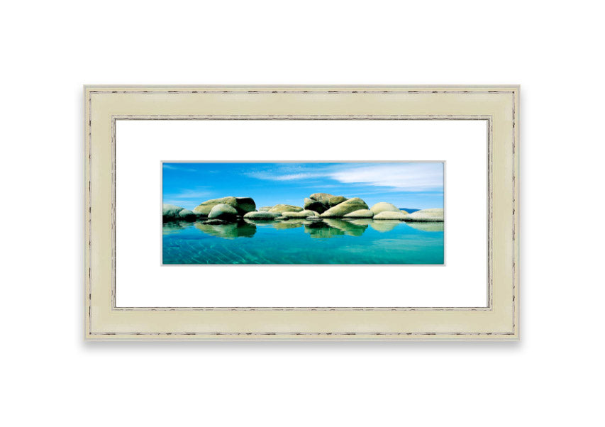 Aqua Rock Pool framed print showcasing vibrant coastal scenery from Cornwall, available in various frame colors.