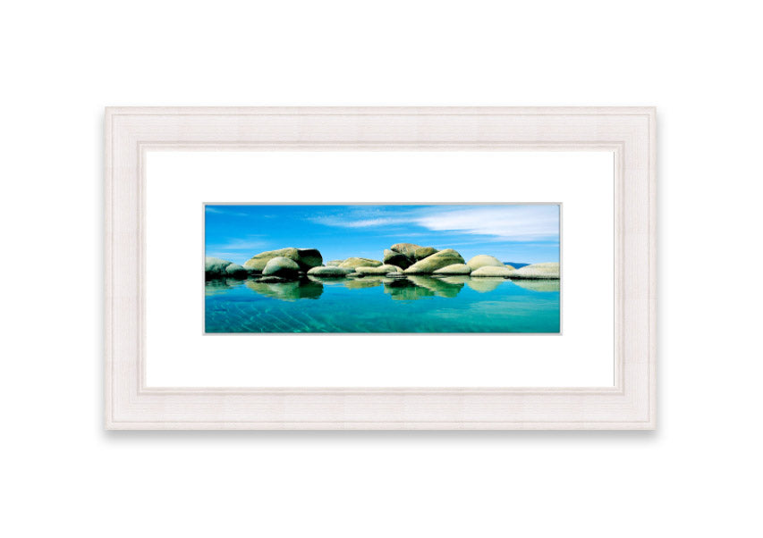 Aqua Rock Pool framed print showcasing vibrant coastal scenery from Cornwall, available in various frame colors.