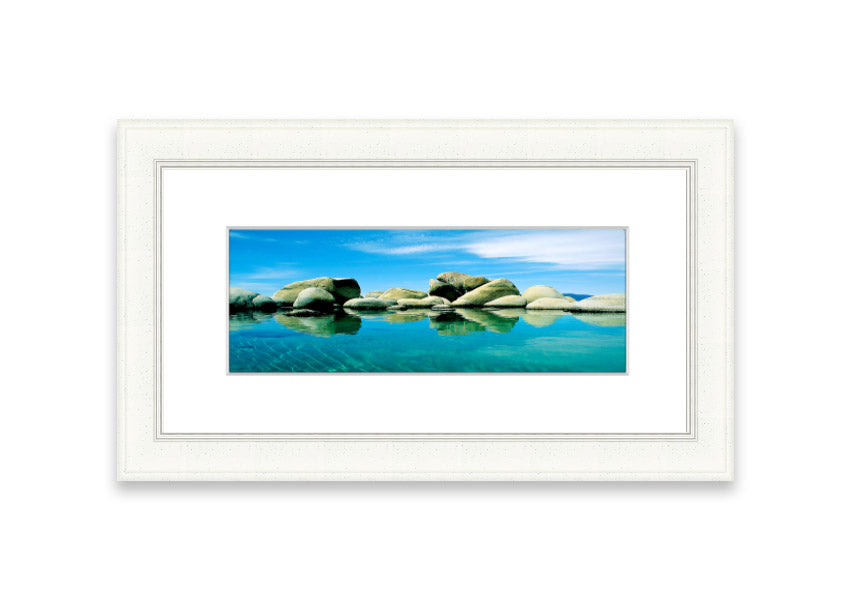 Aqua Rock Pool framed print showcasing vibrant coastal scenery from Cornwall, available in various frame colors.