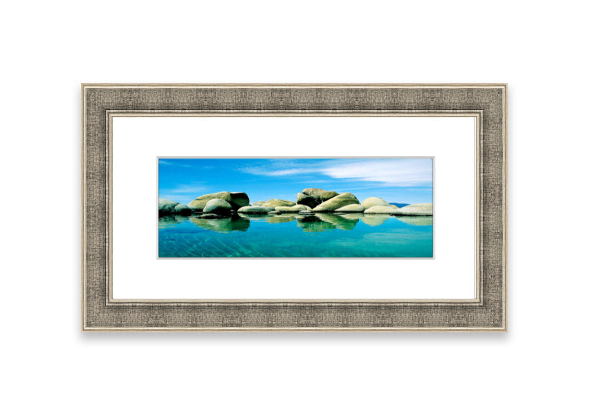 Aqua Rock Pool framed print showcasing vibrant coastal scenery from Cornwall, available in various frame colors.