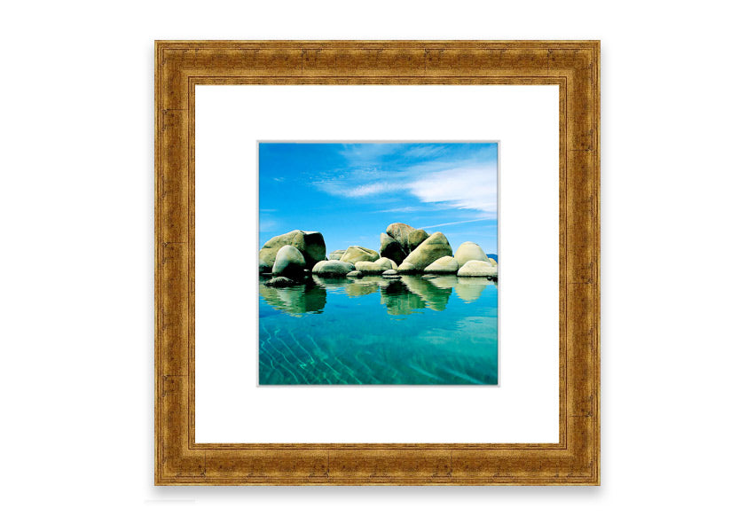 Aqua Rock Pool framed print showcasing vibrant coastal scenery from Cornwall, available in various frame colors.