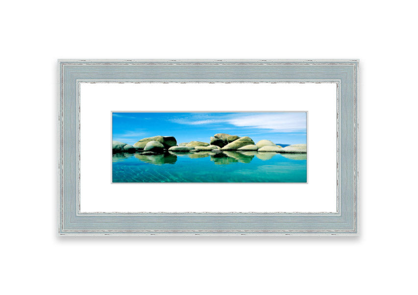 Aqua Rock Pool framed print showcasing vibrant coastal scenery from Cornwall, available in various frame colors.