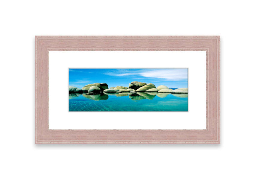 Aqua Rock Pool framed print showcasing vibrant coastal scenery from Cornwall, available in various frame colors.