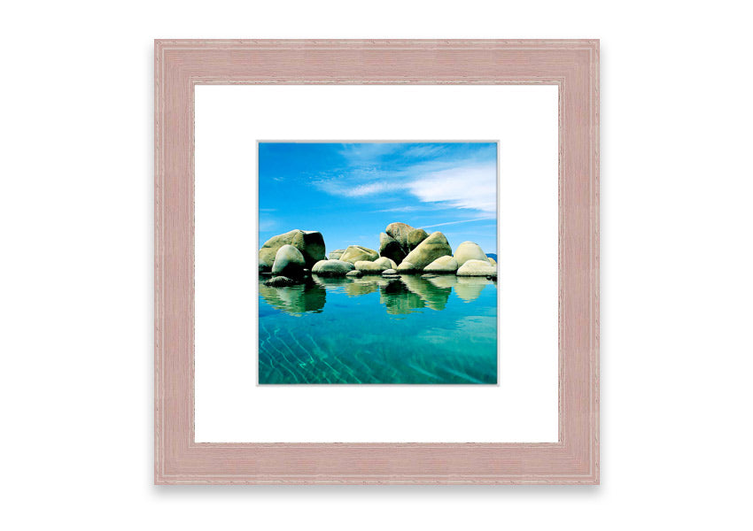 Aqua Rock Pool framed print showcasing vibrant coastal scenery from Cornwall, available in various frame colors.