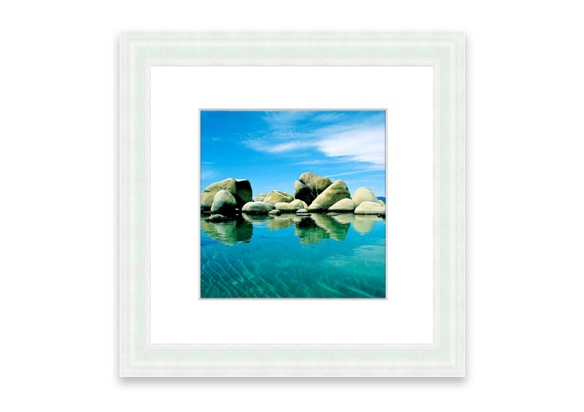 Aqua Rock Pool framed print showcasing vibrant coastal scenery from Cornwall, available in various frame colors.