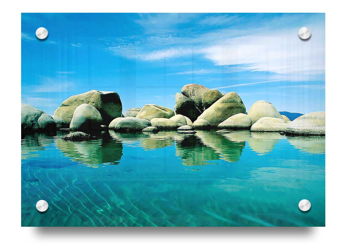 Aqua Rock Pool acrylic print showcasing vibrant colors on 5mm thick acrylic glass, ready to hang.