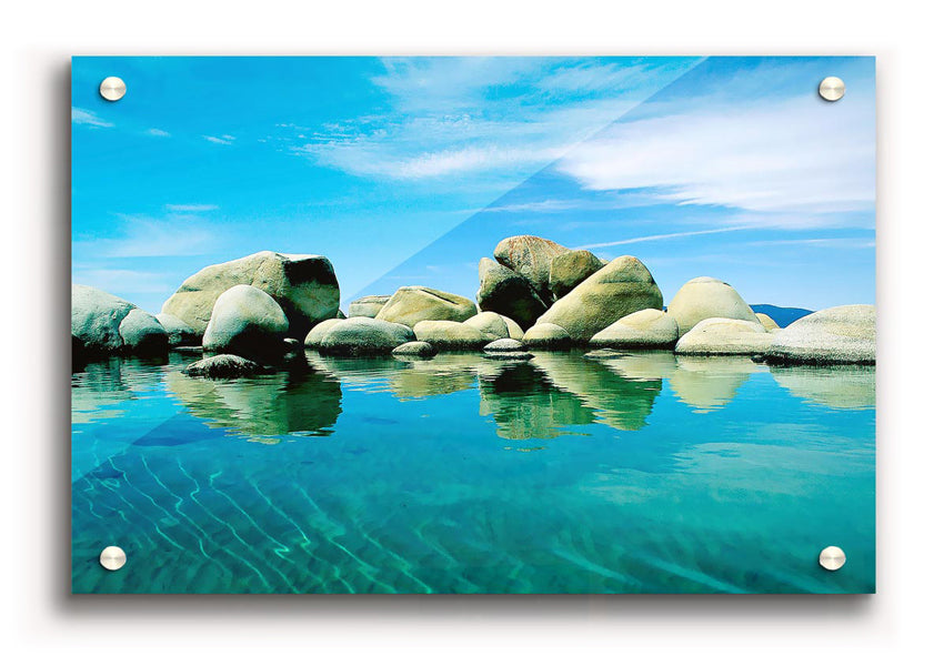 Aqua Rock Pool acrylic print showcasing vibrant colors on 5mm thick acrylic glass, ready to hang.