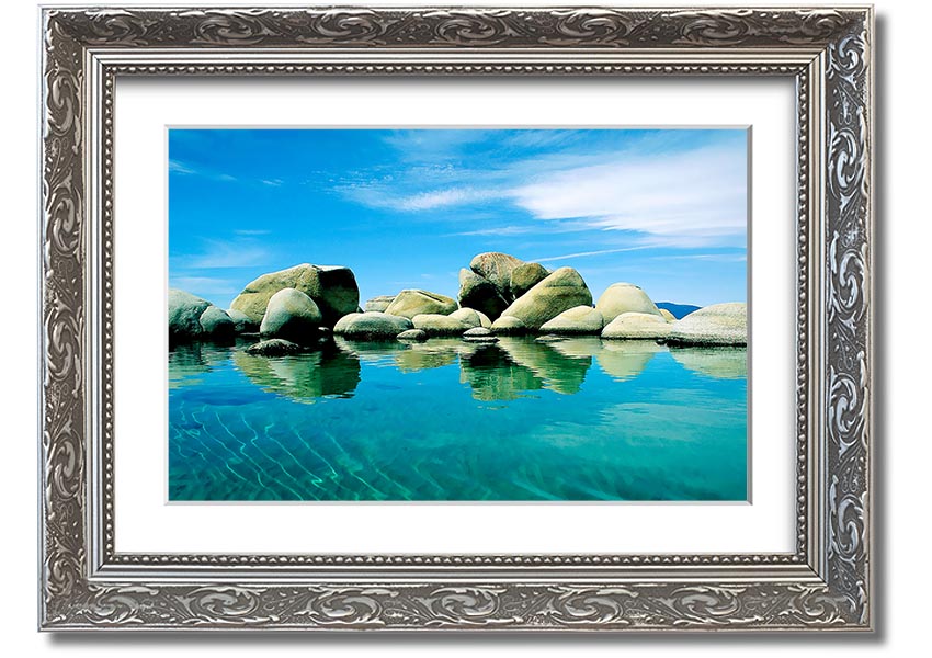 Aqua Rock Pool framed print showcasing serene rock pool imagery, available in various frame colours.