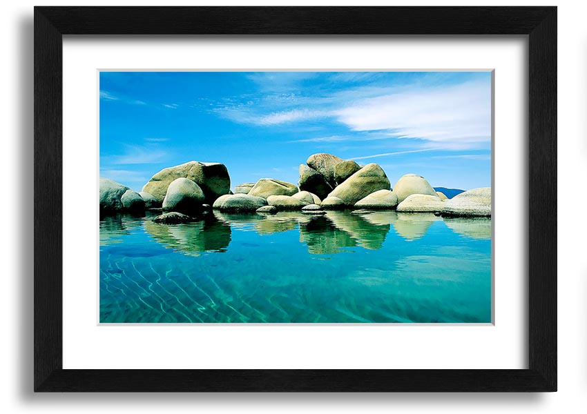 Aqua Rock Pool framed print showcasing serene rock pool imagery, available in various frame colours.