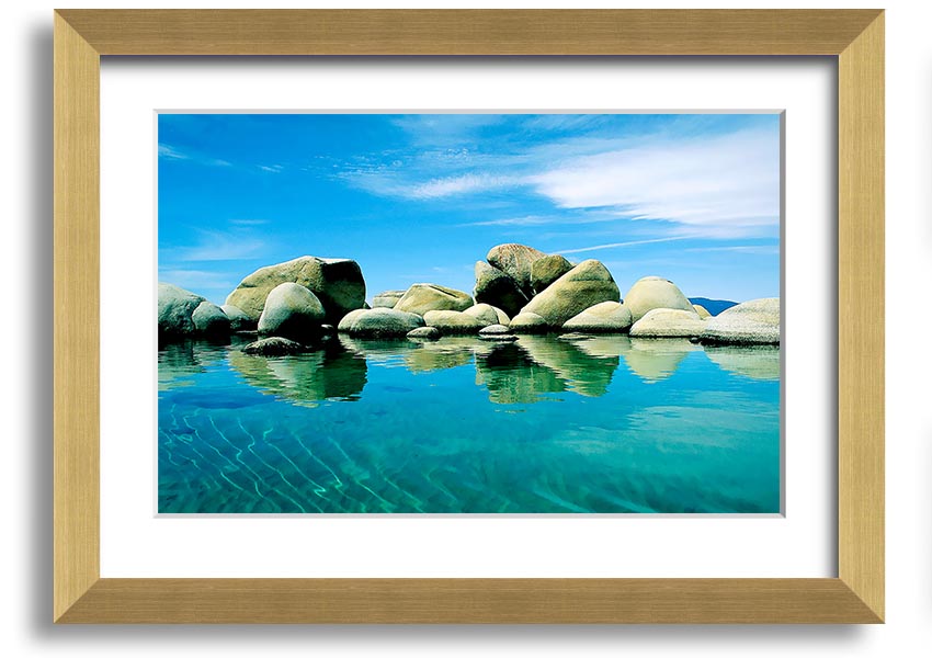 Aqua Rock Pool framed print showcasing serene rock pool imagery, available in various frame colours.