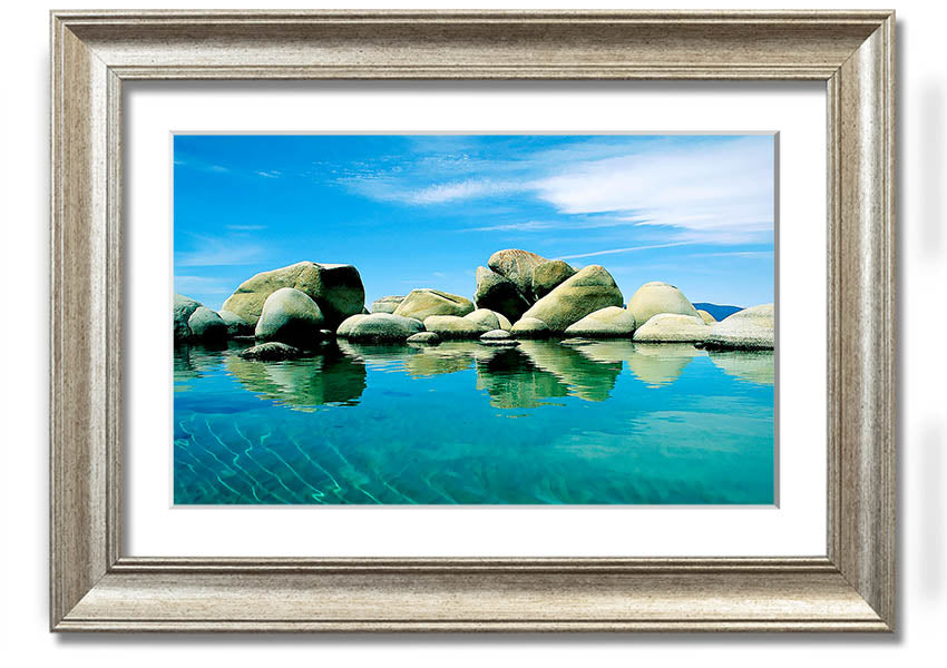 Aqua Rock Pool framed print showcasing serene rock pool imagery, available in various frame colours.