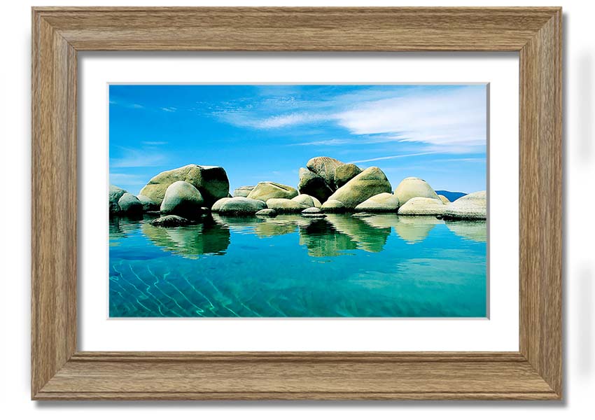 Aqua Rock Pool framed print showcasing serene rock pool imagery, available in various frame colours.