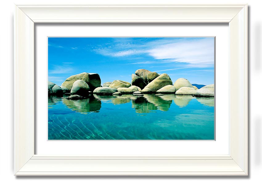 Aqua Rock Pool framed print showcasing serene rock pool imagery, available in various frame colours.