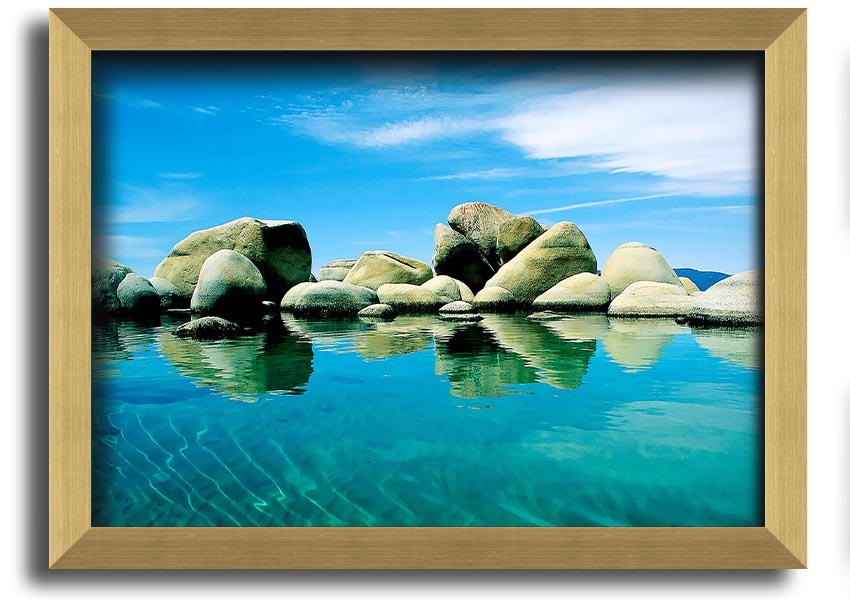 Aqua Rock Pool framed print showcasing serene rock pool imagery, available in various frame colours.