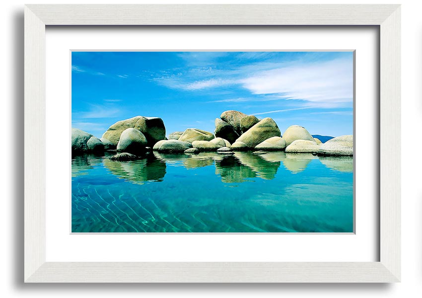 Aqua Rock Pool framed print showcasing serene rock pool imagery, available in various frame colours.