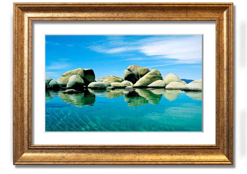 Aqua Rock Pool framed print showcasing serene rock pool imagery, available in various frame colours.