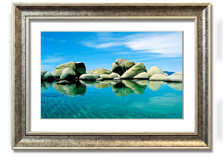 Aqua Rock Pool framed print showcasing serene rock pool imagery, available in various frame colours.