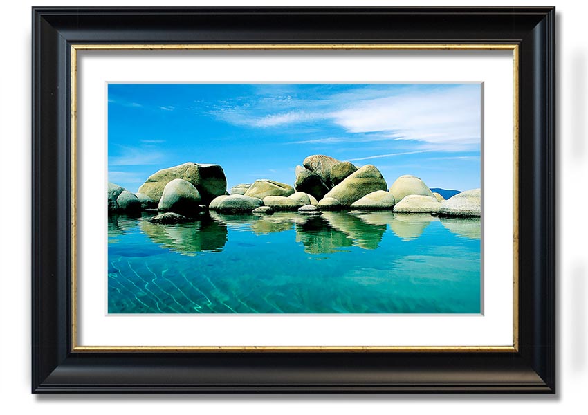 Aqua Rock Pool framed print showcasing serene rock pool imagery, available in various frame colours.