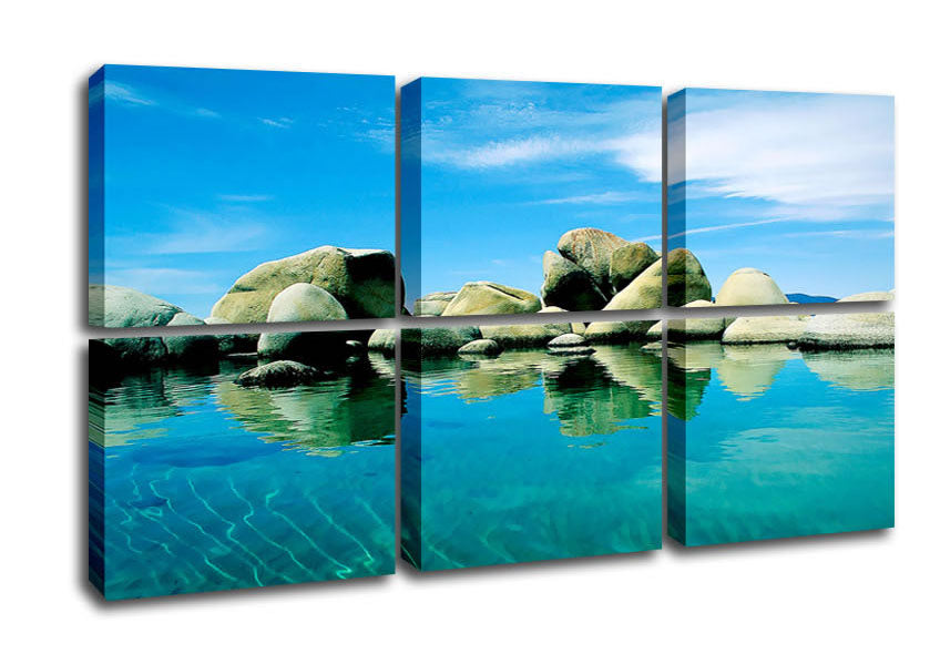 Aqua Rock Pool canvas art mounted on a 44mm box frame, showcasing vibrant colors and serene imagery of a tranquil rock pool.