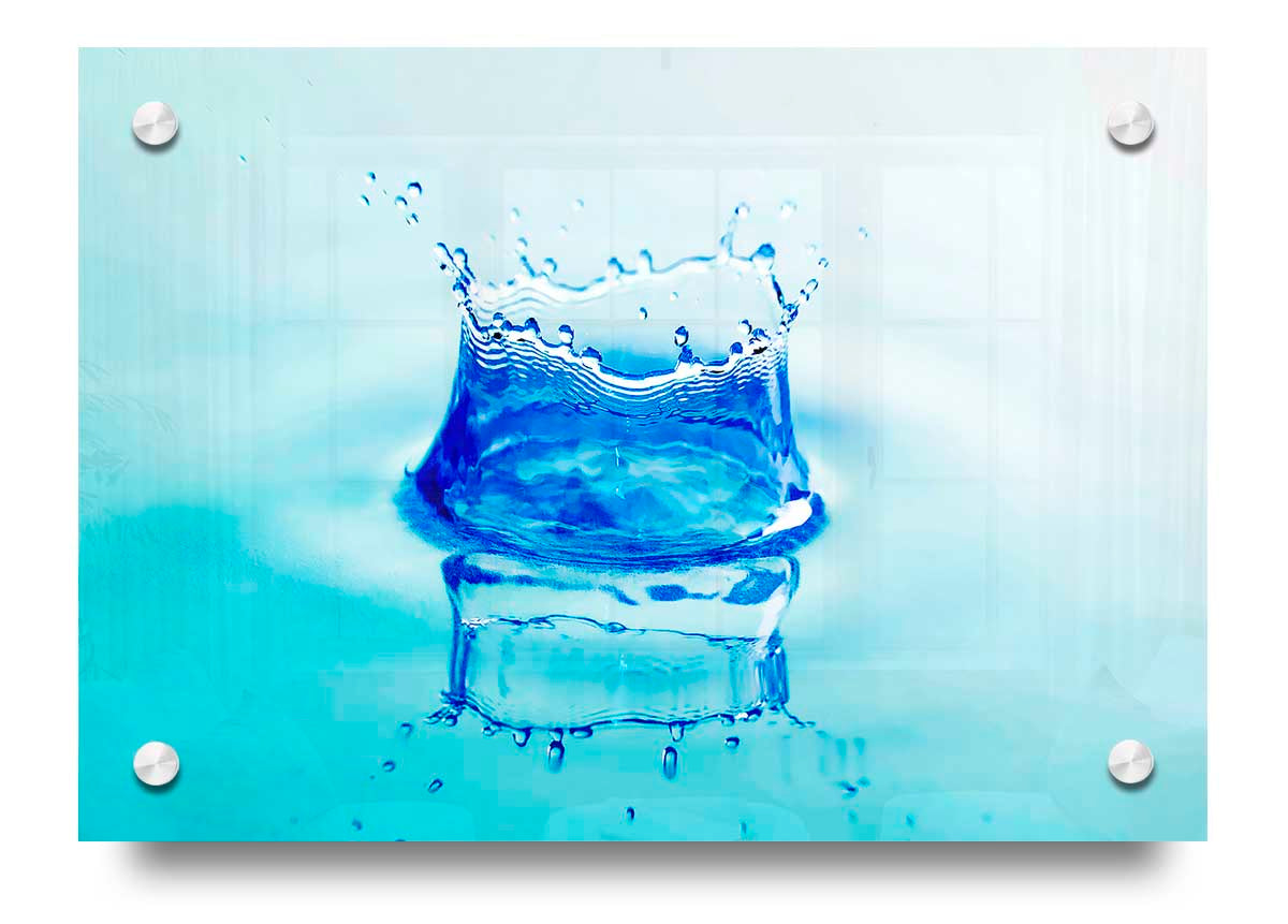 Aqua Splash acrylic print showcasing vibrant colors on 5mm thick acrylic glass, ready to hang on a wall.