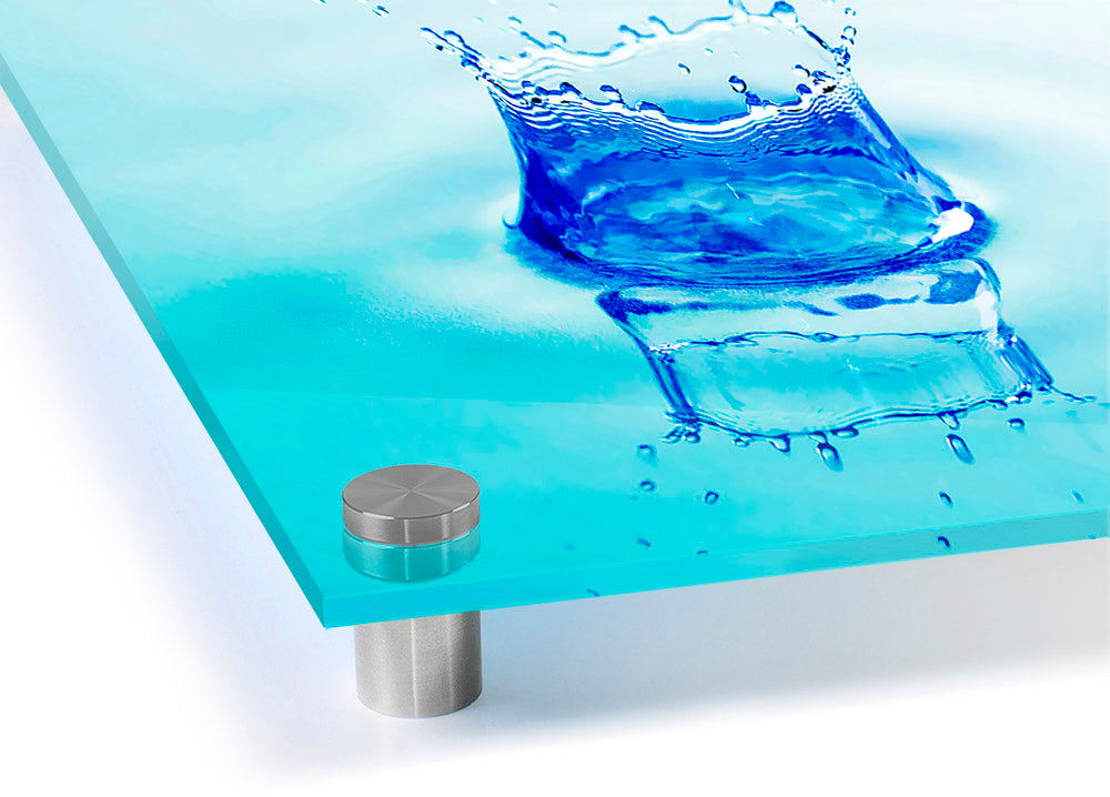 Aqua Splash acrylic print showcasing vibrant colors on 5mm thick acrylic glass, ready to hang on a wall.