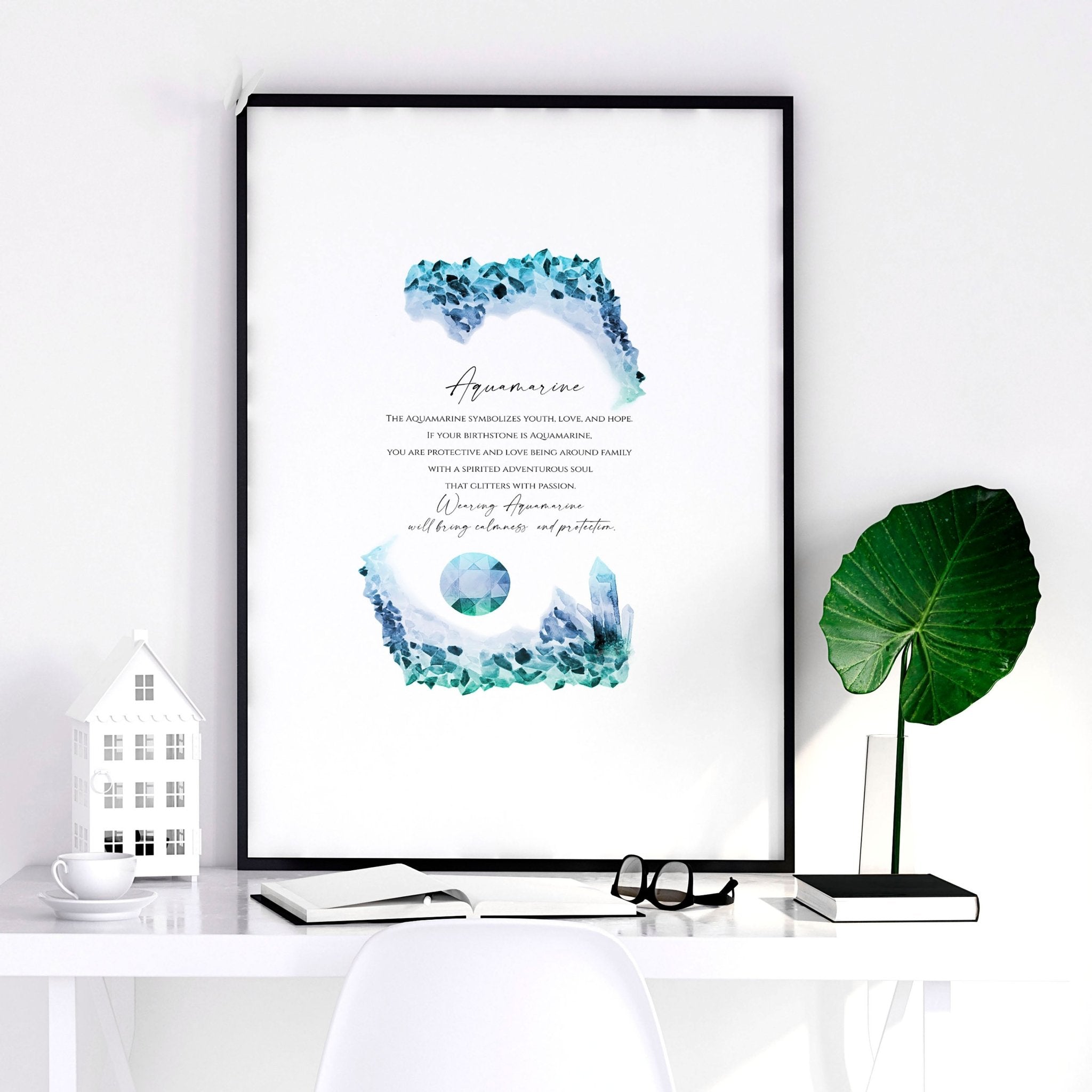 Aquamarine Birthstone wall art print featuring mesmerizing blue-green hues and intricate design, perfect for December birthdays.