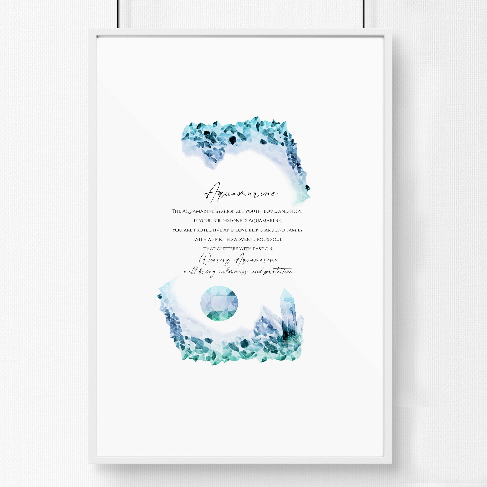 Aquamarine Birthstone wall art print featuring mesmerizing blue-green hues and intricate design, perfect for December birthdays.