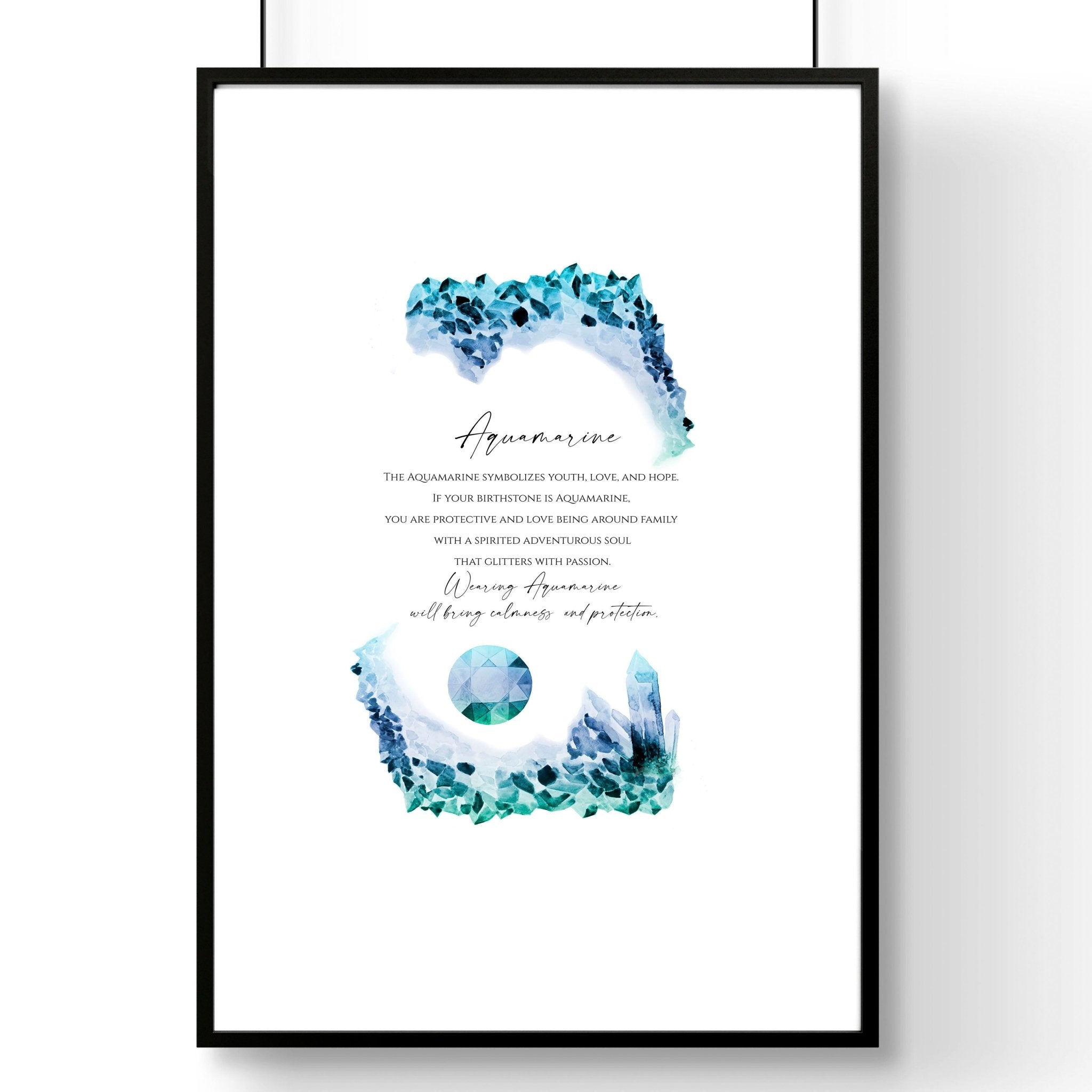 Aquamarine Birthstone wall art print featuring mesmerizing blue-green hues and intricate design, perfect for December birthdays.