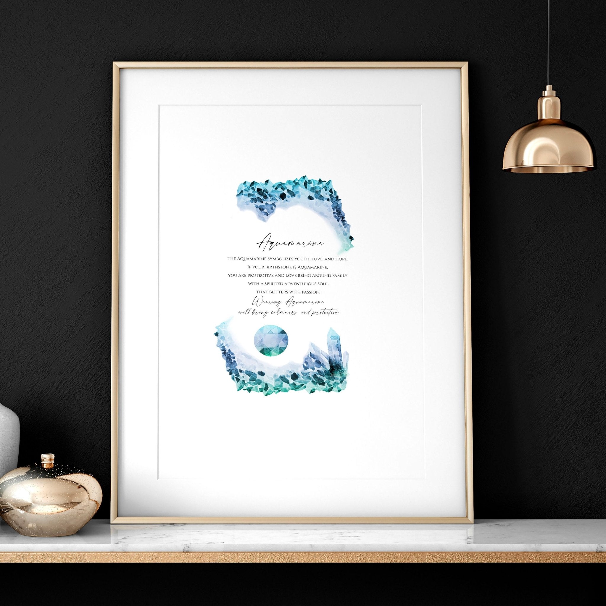 Aquamarine Birthstone wall art print featuring mesmerizing blue-green hues and intricate design, perfect for December birthdays.