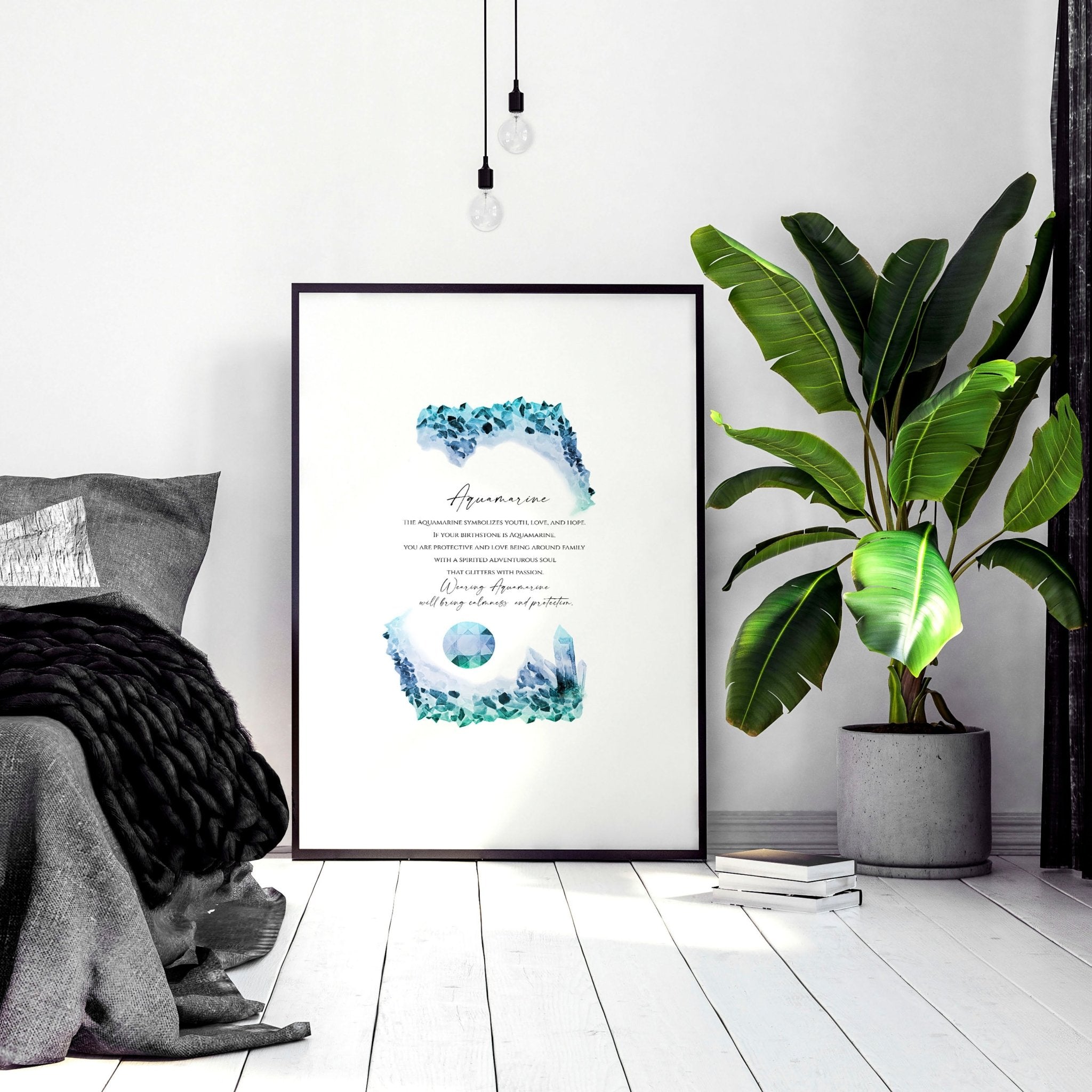 Aquamarine Birthstone wall art print featuring mesmerizing blue-green hues and intricate design, perfect for December birthdays.