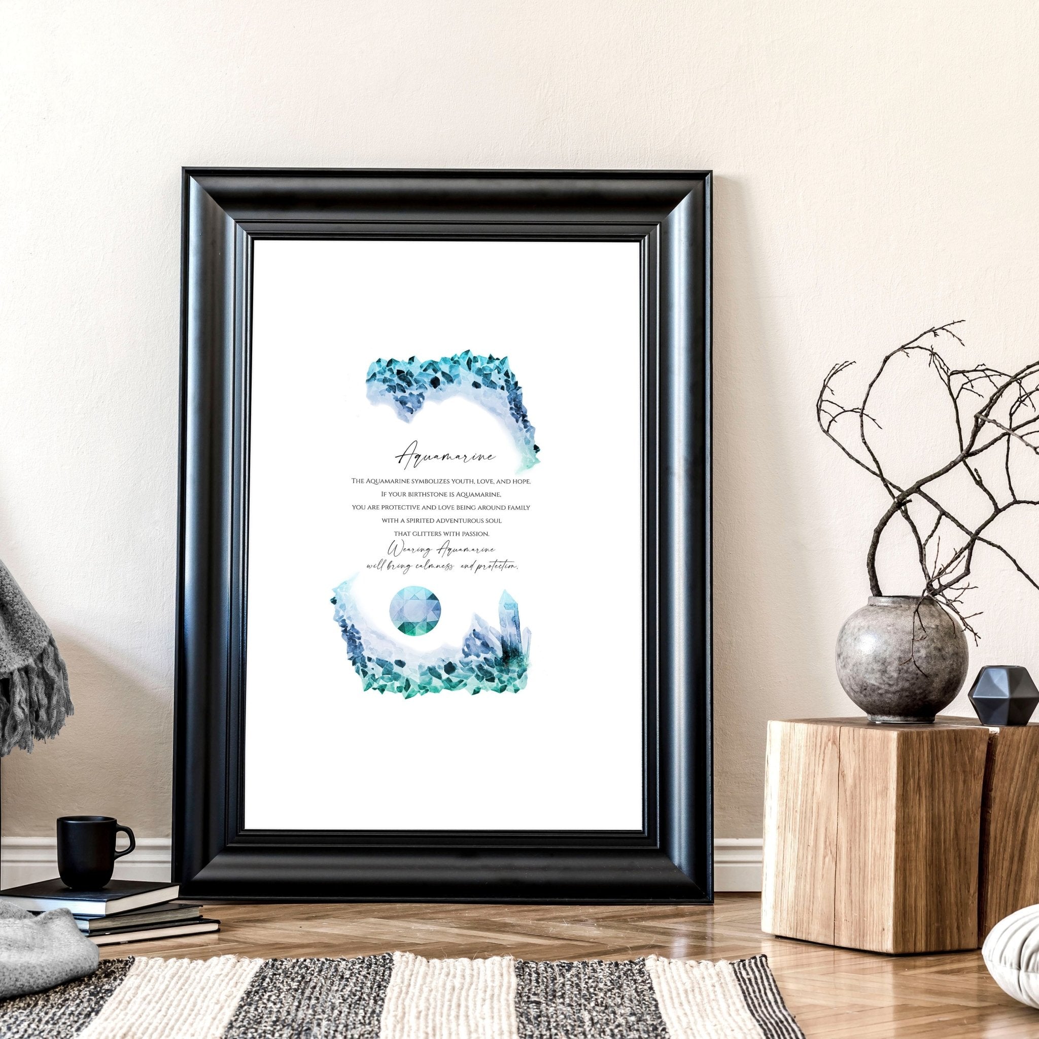 Aquamarine Birthstone wall art print featuring mesmerizing blue-green hues and intricate design, perfect for December birthdays.