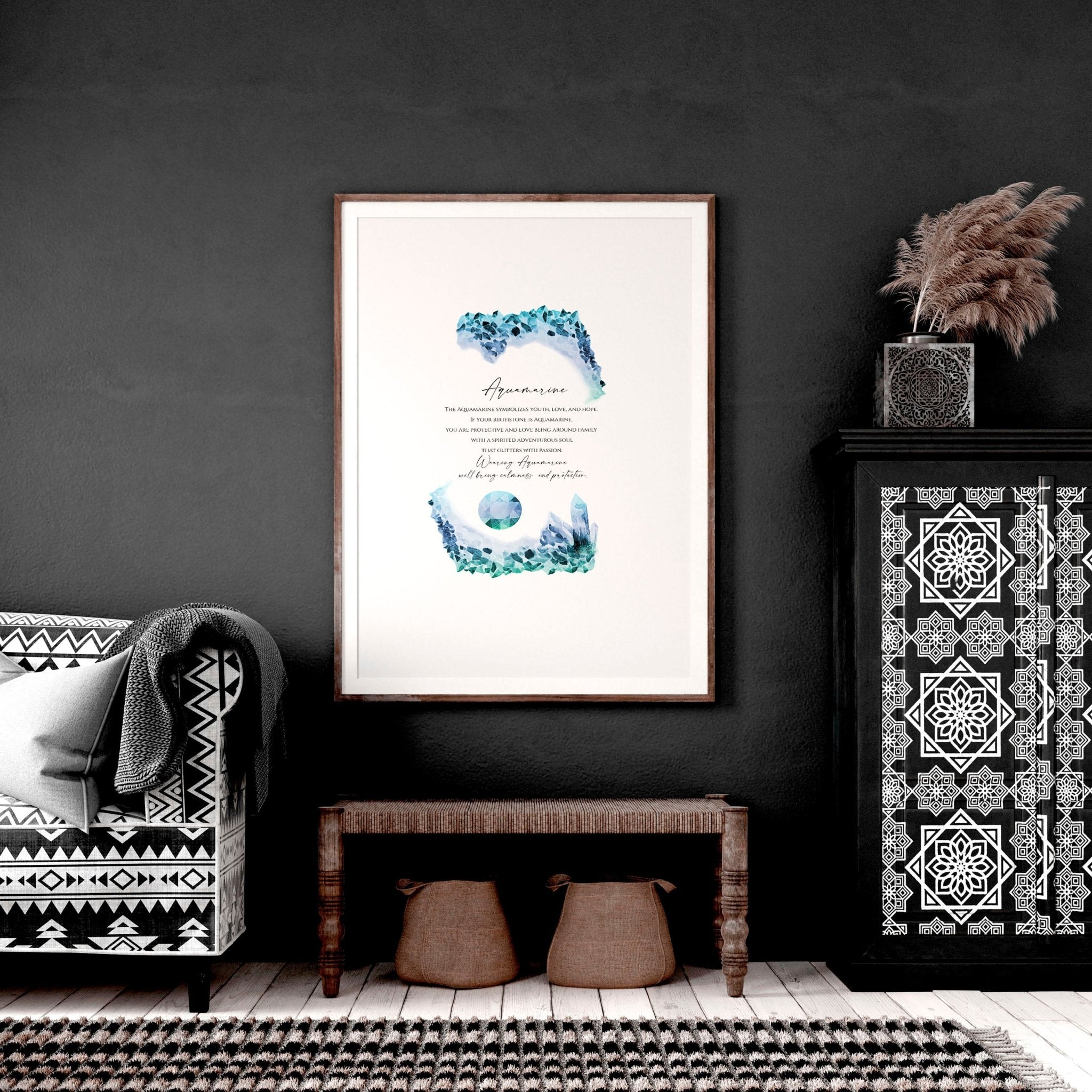 Aquamarine Birthstone wall art print featuring mesmerizing blue-green hues and intricate design, perfect for December birthdays.