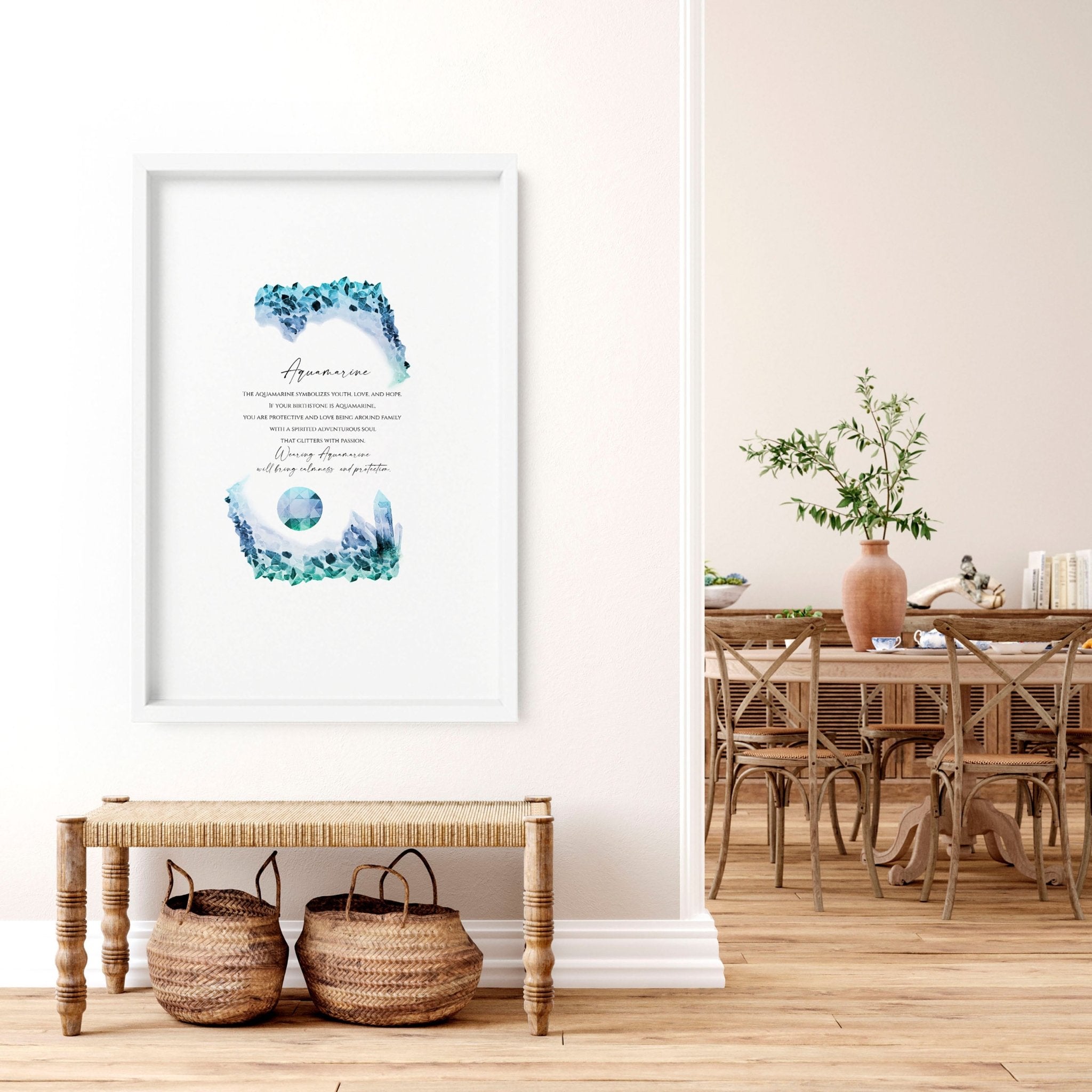 Aquamarine Birthstone wall art print featuring mesmerizing blue-green hues and intricate design, perfect for December birthdays.