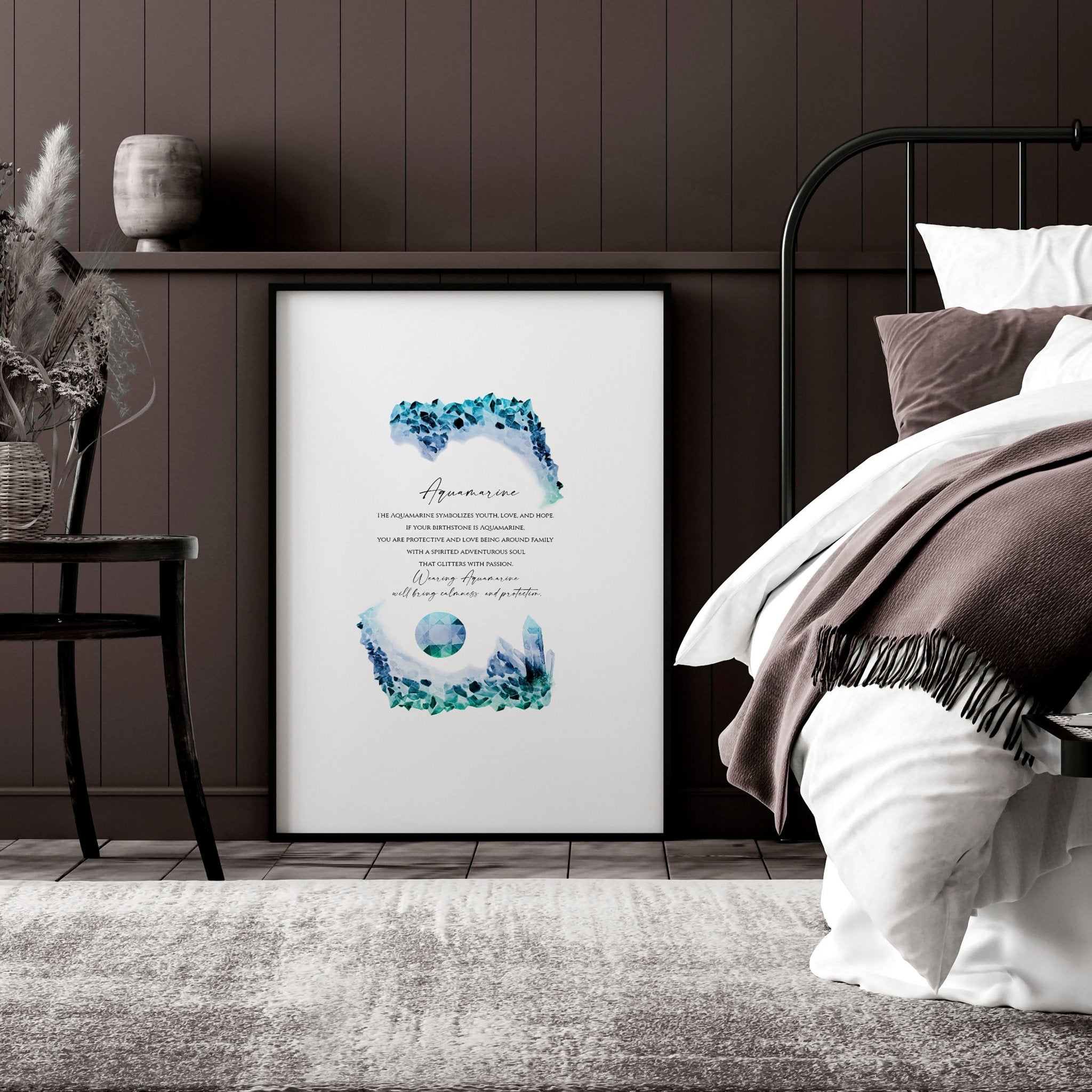 Aquamarine Birthstone wall art print featuring mesmerizing blue-green hues and intricate design, perfect for December birthdays.