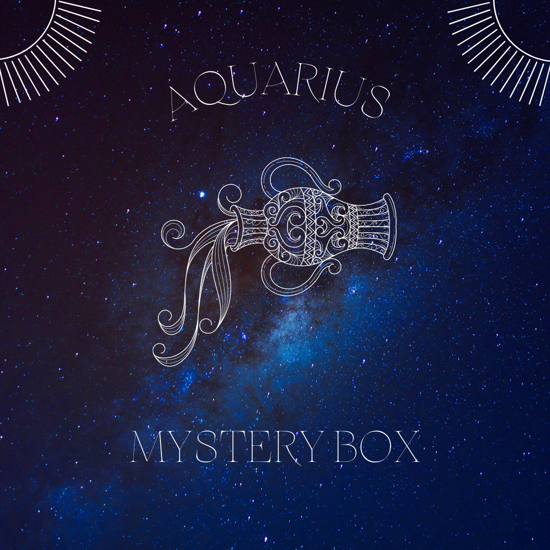 Aquarius Mystery Box featuring assorted crystals, sage, and Palo Santo, designed for astrological balance and growth.