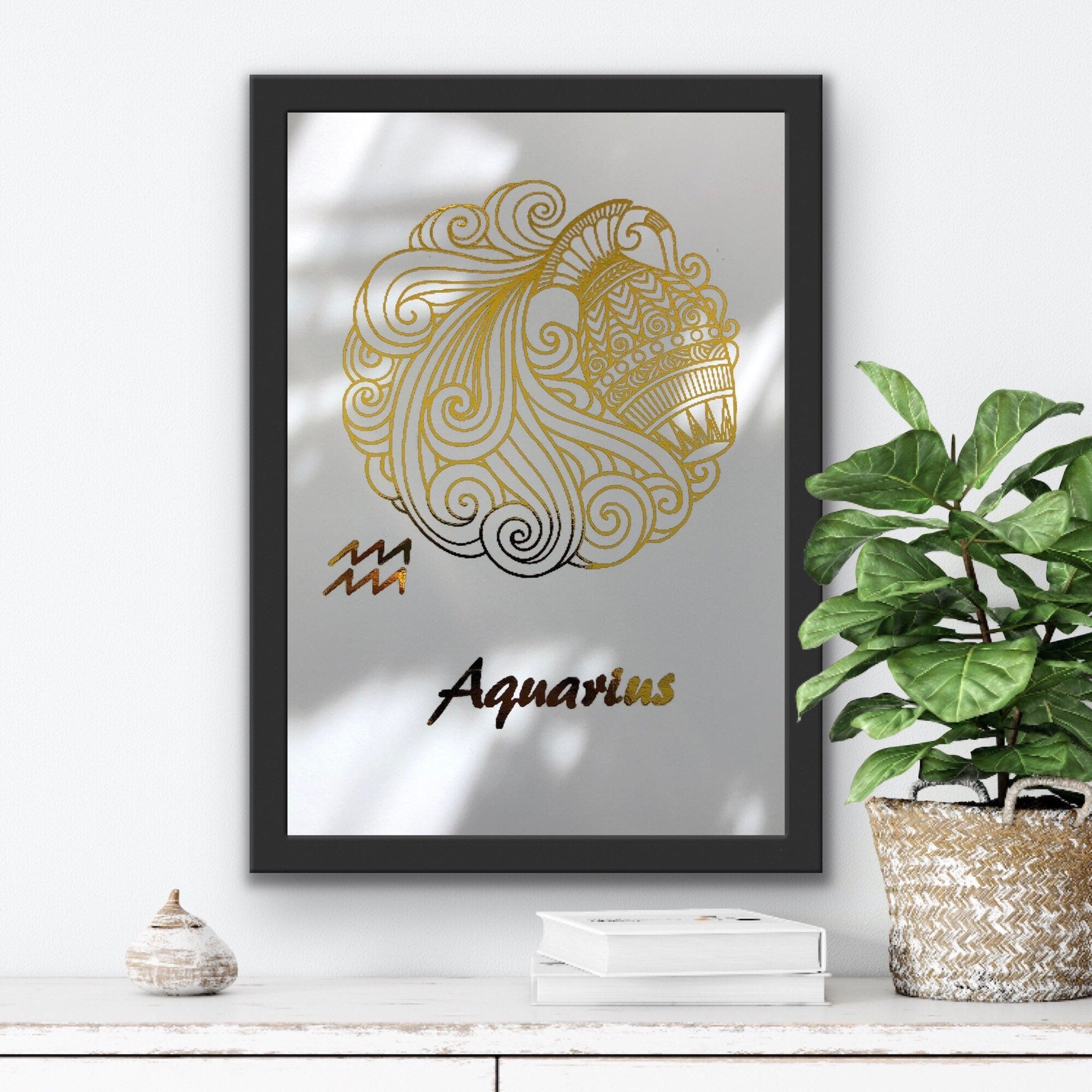 Aquarius Star Sign Foil Print featuring intricate designs and elegant foil detailing, representing the water bearer symbol.