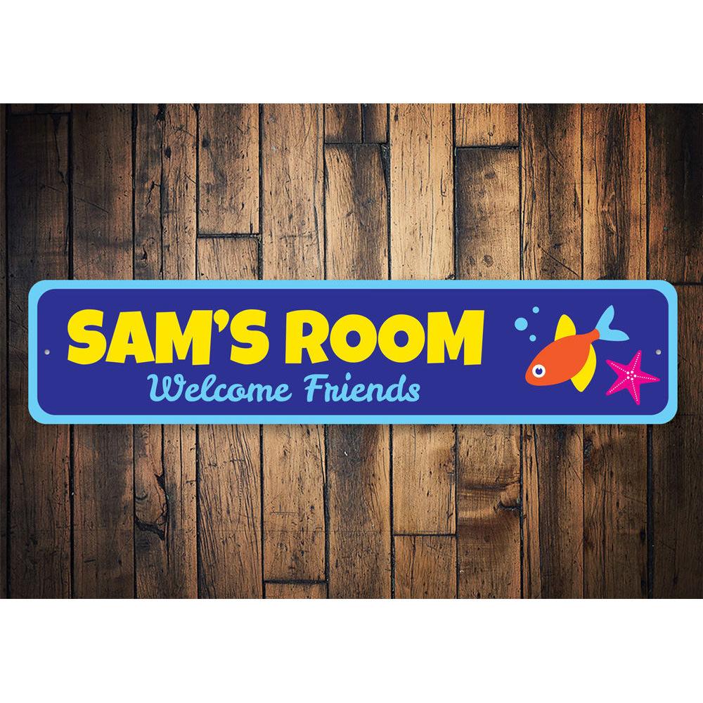 Aquatic Welcome Friends Sign featuring vibrant colors and a playful design, perfect for children's rooms.