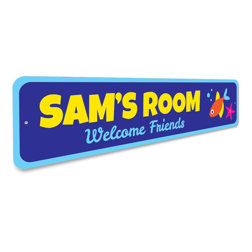 Aquatic Welcome Friends Sign featuring vibrant colors and a playful design, perfect for children's rooms.