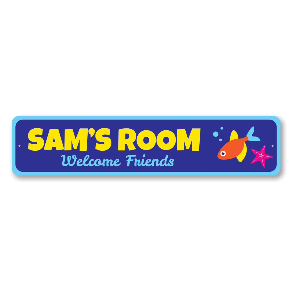 Aquatic Welcome Friends Sign featuring vibrant colors and a playful design, perfect for children's rooms.