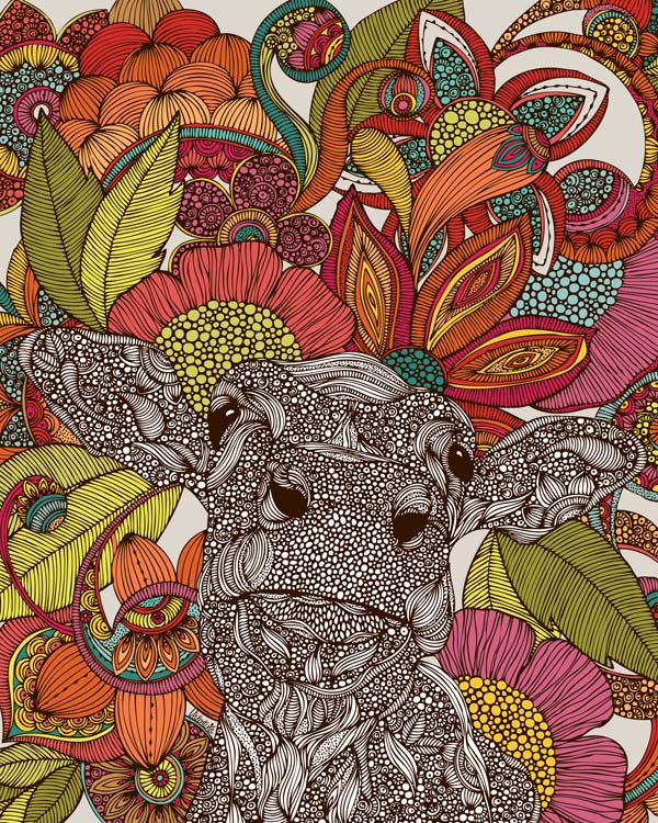 Archival art print titled 'Arabella and the Flowers', featuring vibrant floral designs in pen and ink with digital coloring, ready for framing.