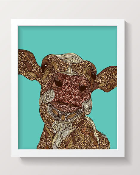 Arabella the cow archival art print featuring original pen and ink art with vibrant digital coloring on matte cardstock.